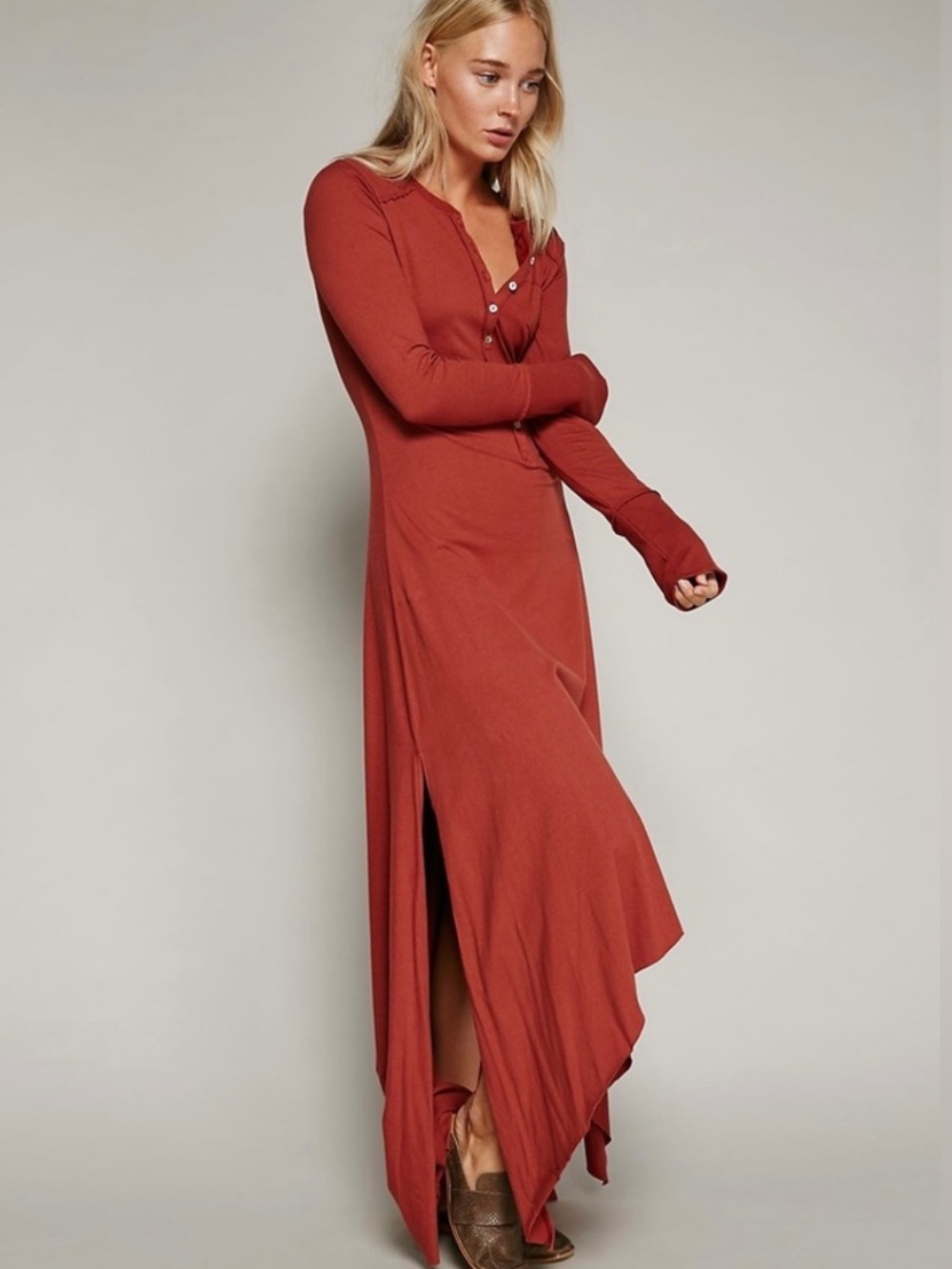 Free People Beach Legacy Henley Hi-Low Maxi Dress in Burnt Orange Sz L